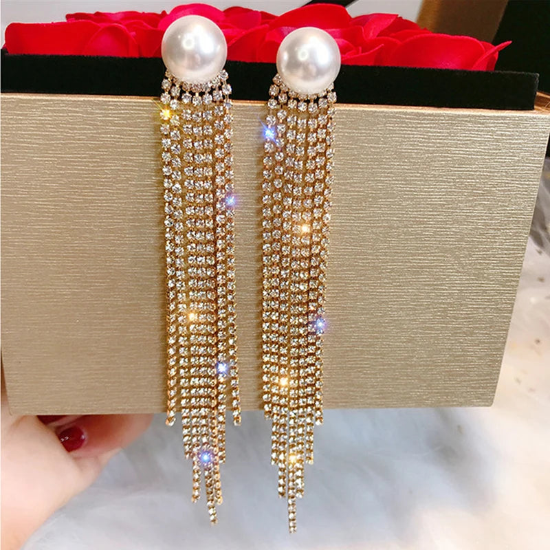 Gold Bridal Drop Simulated Pearl Crystal Statement Earrings