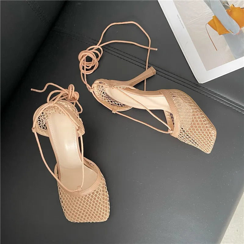 Mesh Square Toe Stiletto High Heels Pumps Ankle Lace-Up Elegant Shoes