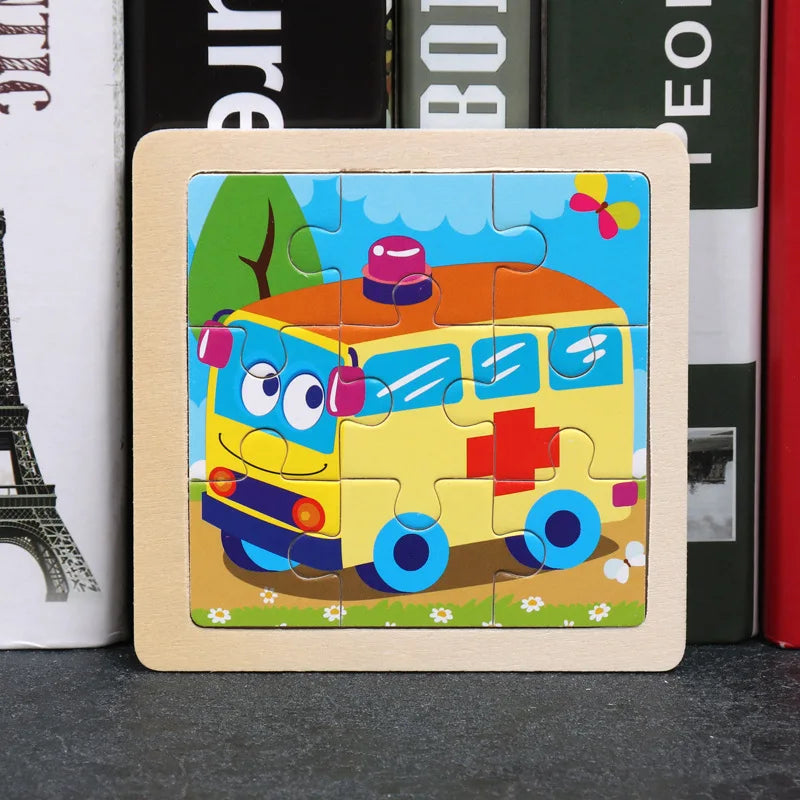11X11CM Kids Wooden Puzzle Cartoon Animal Traffic Toys