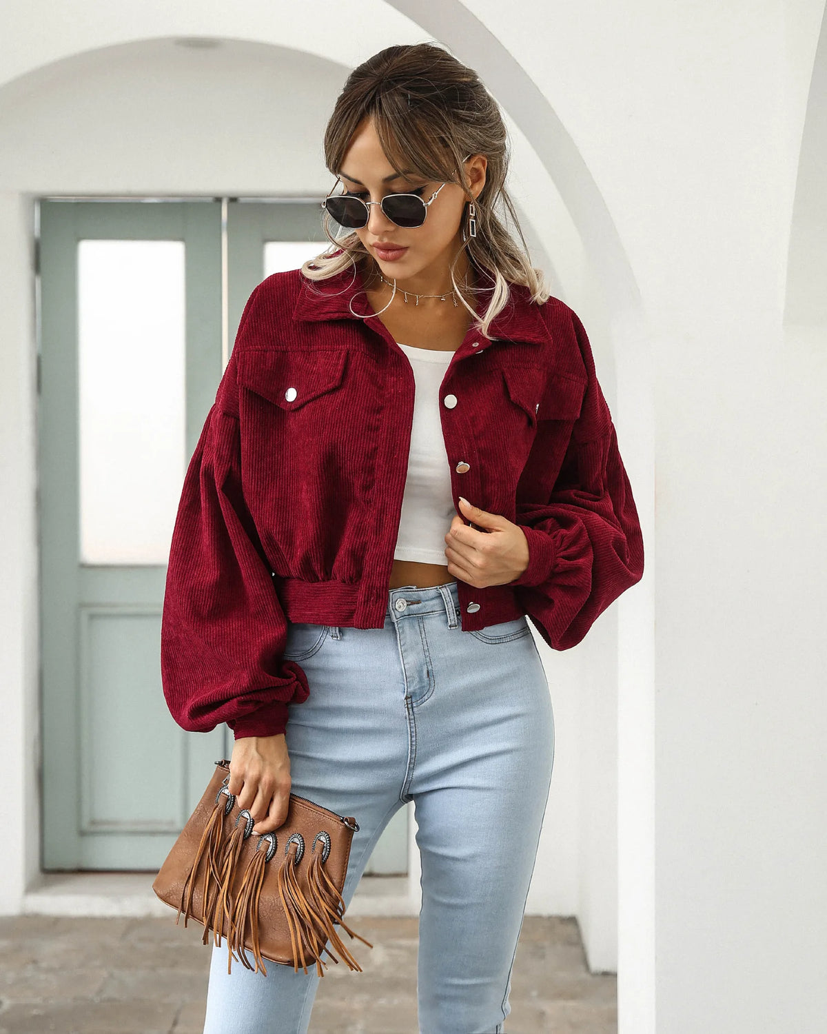 Cropped Corduroy Overcoat Single Breasted Lantern Sleeve Coats Jacket