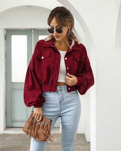 Cropped Corduroy Overcoat Single Breasted Lantern Sleeve Coats Jacket
