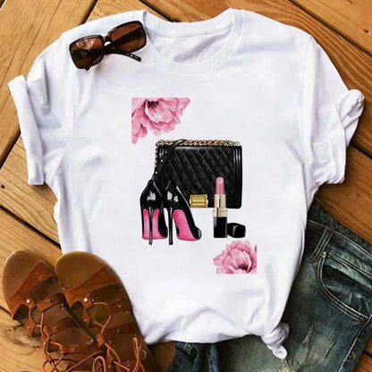 Maycaur Pink High Heels Flowers Bag Print T Shirt