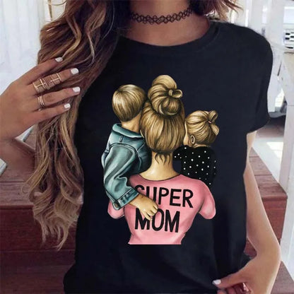 Cartoon Mom Mother Boy Girl Print Mother Lady T-shirts