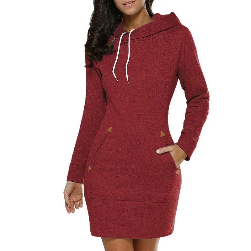 Knee-Length Pockets Warm Sweat Shirt Long Sleeve Dress
