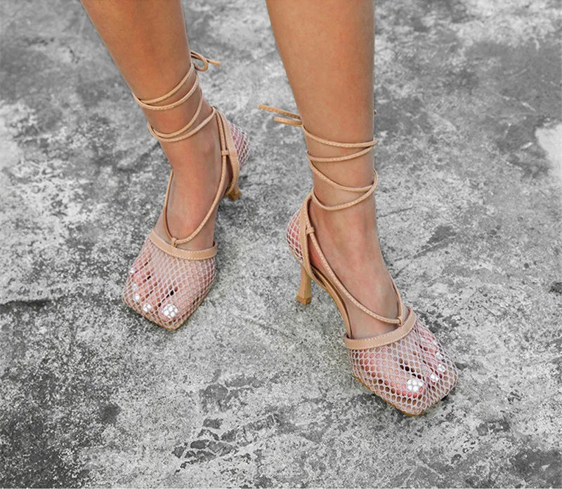 Mesh Square Toe Stiletto High Heels Pumps Ankle Lace-Up Elegant Shoes