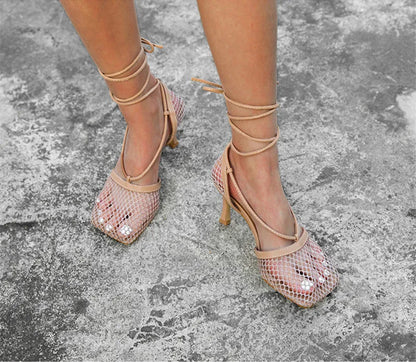 Mesh Square Toe Stiletto High Heels Pumps Ankle Lace-Up Elegant Shoes