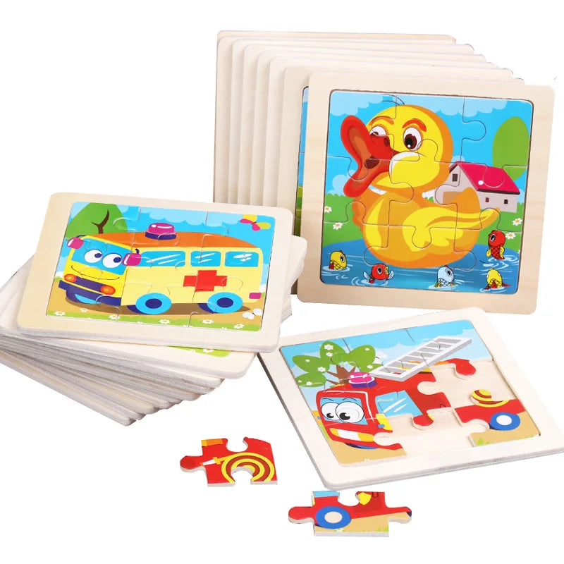 11X11CM Kids Wooden Puzzle Cartoon Animal Traffic Toys