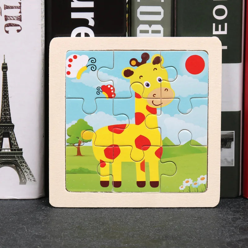 11X11CM Kids Wooden Puzzle Cartoon Animal Traffic Toys
