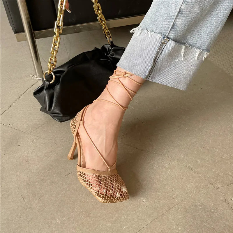 Mesh Square Toe Stiletto High Heels Pumps Ankle Lace-Up Elegant Shoes