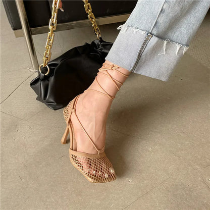 Mesh Square Toe Stiletto High Heels Pumps Ankle Lace-Up Elegant Shoes