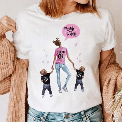 Cartoon Mom Mother Boy Girl Print Mother Lady T-shirts