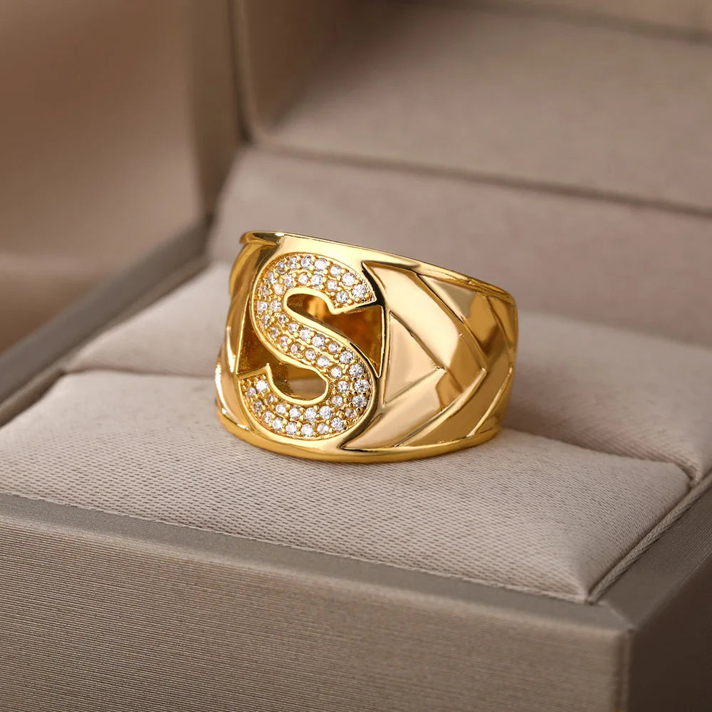 Chunky Wide Zircon Initial Letter Rings