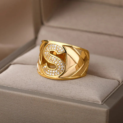 Chunky Wide Zircon Initial Letter Rings
