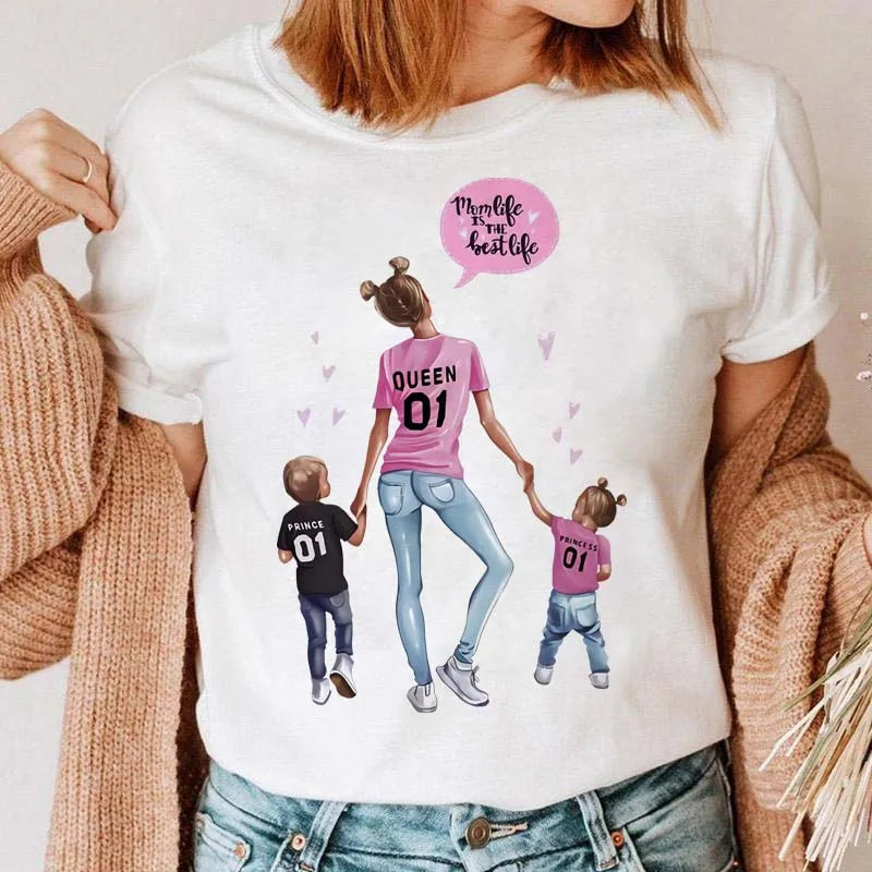 Cartoon Mom Mother Boy Girl Print Mother Lady T-shirts