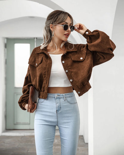 Cropped Corduroy Overcoat Single Breasted Lantern Sleeve Coats Jacket