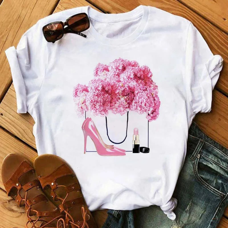Maycaur Pink High Heels Flowers Bag Print T Shirt