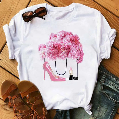 Maycaur Pink High Heels Flowers Bag Print T Shirt