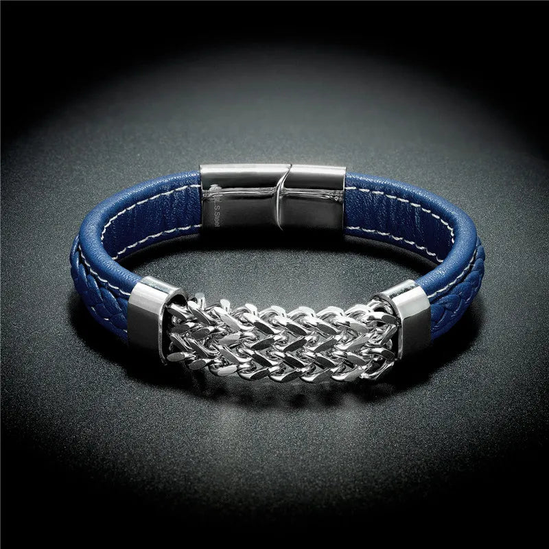 Vintage Leather Gold Stainless Steel Chain Bracelets