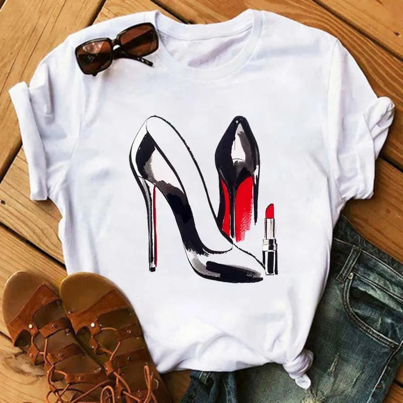 Maycaur Pink High Heels Flowers Bag Print T Shirt
