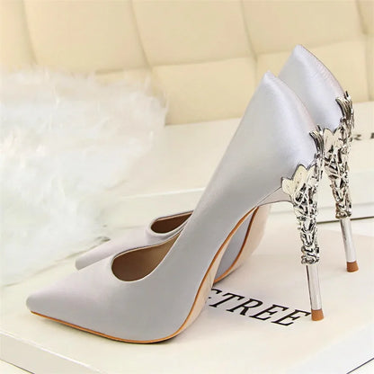 Metal Carved Heel Pumps Solid Silk Pointed Toe Shoes
