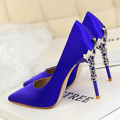 Metal Carved Heel Pumps Solid Silk Pointed Toe Shoes