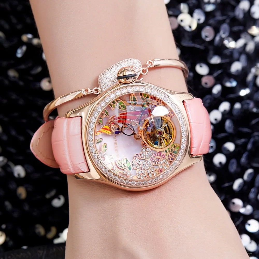 Luxury Diamond Automatic Tourbillon Leather Strap Watch