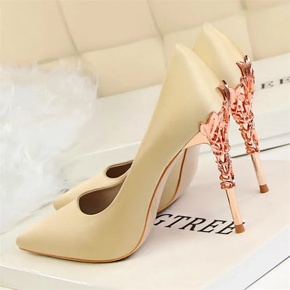 Metal Carved Heel Pumps Solid Silk Pointed Toe Shoes
