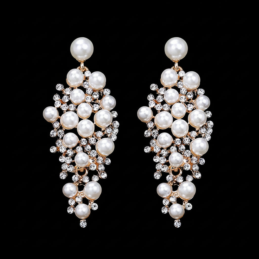 Gold Bridal Drop Simulated Pearl Crystal Statement Earrings