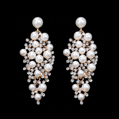 Gold Bridal Drop Simulated Pearl Crystal Statement Earrings