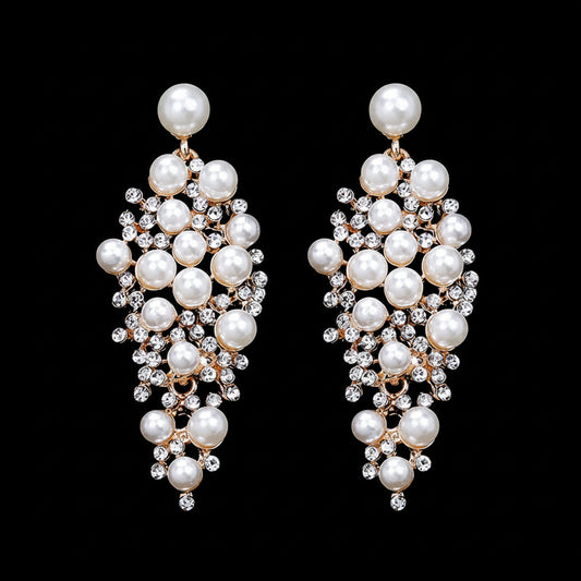 Gold Bridal Drop Simulated Pearl Crystal Statement Earrings