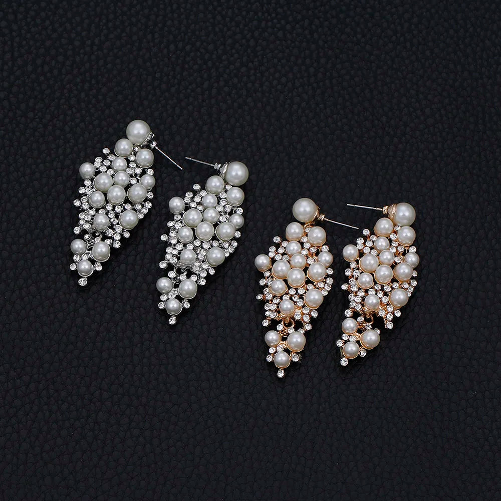 Gold Bridal Drop Simulated Pearl Crystal Statement Earrings