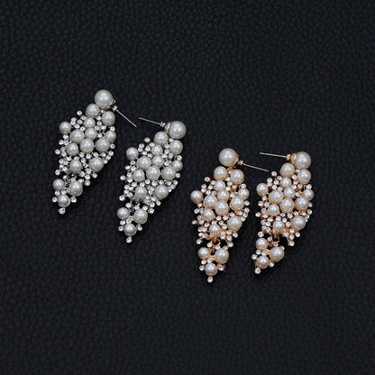 Gold Bridal Drop Simulated Pearl Crystal Statement Earrings