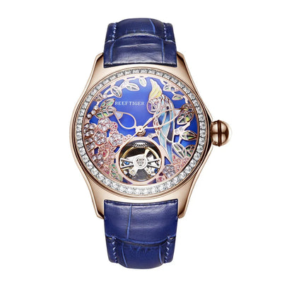 Luxury Diamond Automatic Tourbillon Leather Strap Watch