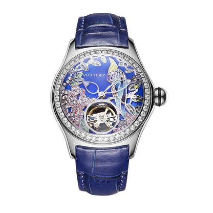 Luxury Diamond Automatic Tourbillon Leather Strap Watch