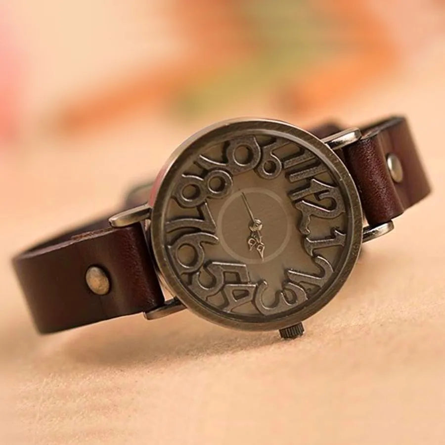 Vintage Digital Hollow Genuine Cow Leather Strap Watches