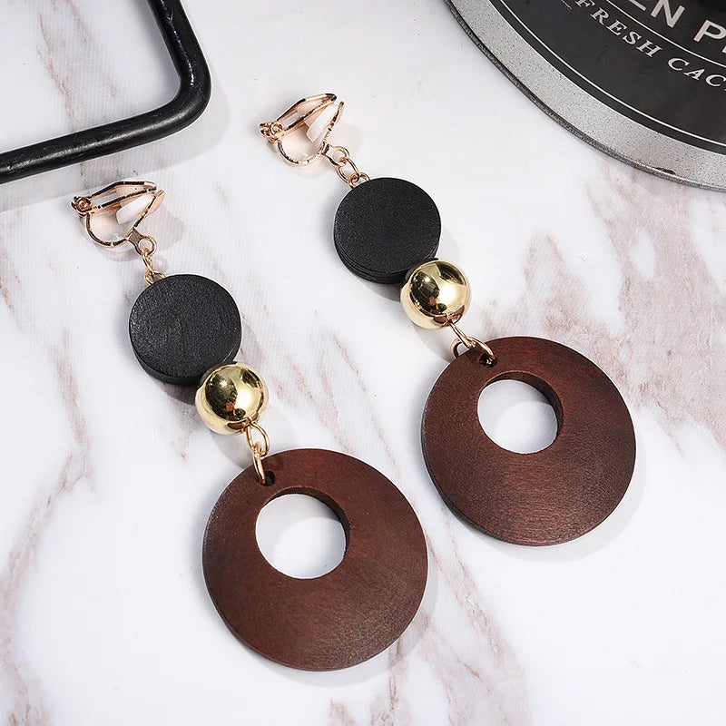 Natural Wood Clip on Geometric Earring