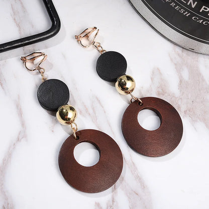 Natural Wood Clip on Geometric Earring