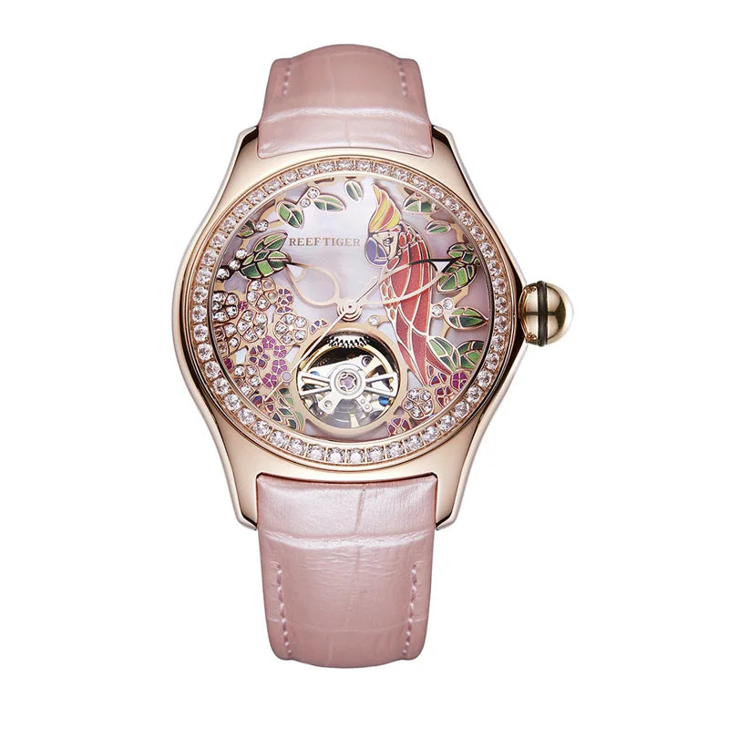 Luxury Diamond Automatic Tourbillon Leather Strap Watch