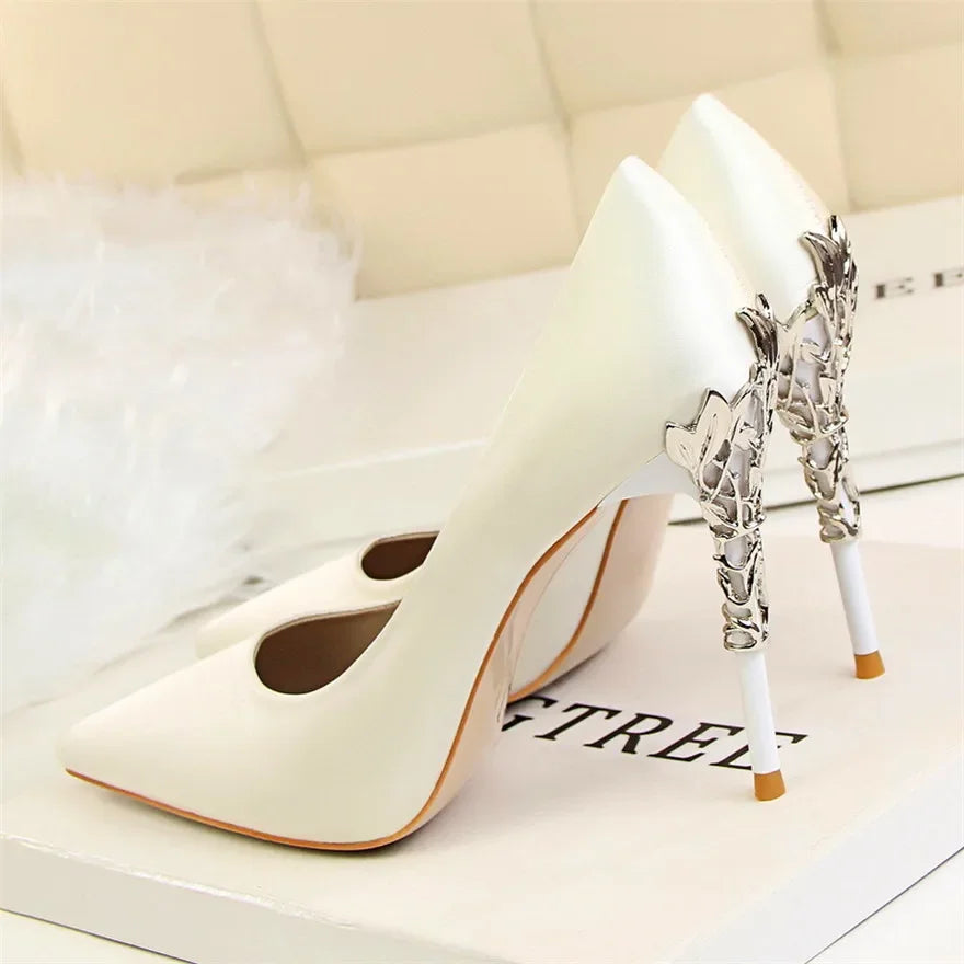 Metal Carved Heel Pumps Solid Silk Pointed Toe Shoes