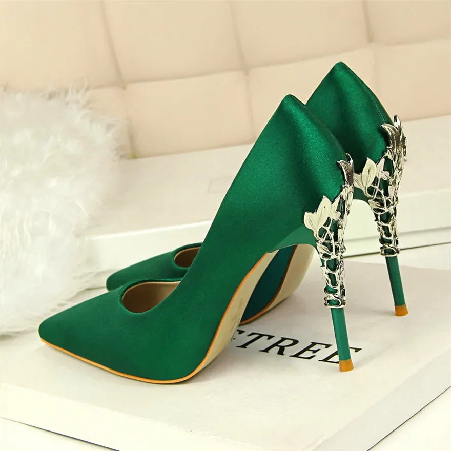 Metal Carved Heel Pumps Solid Silk Pointed Toe Shoes