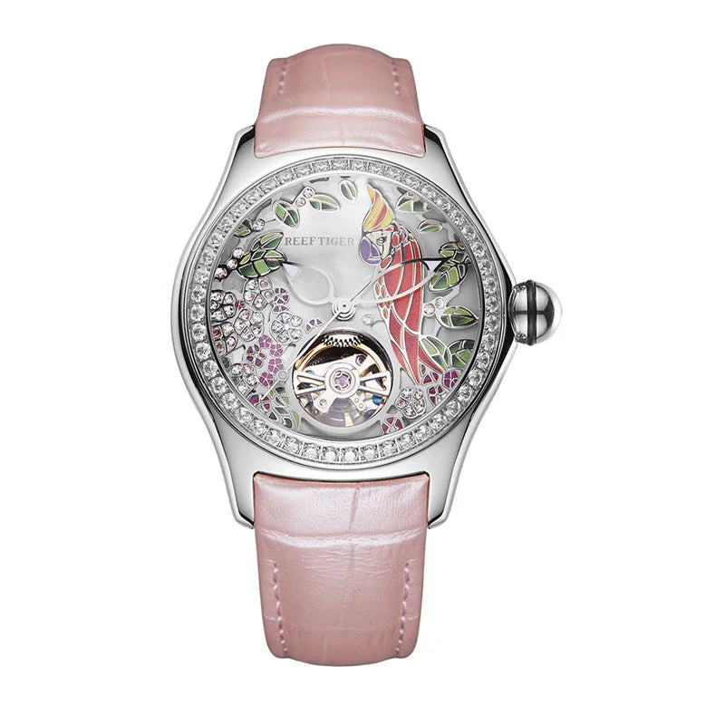 Luxury Diamond Automatic Tourbillon Leather Strap Watch