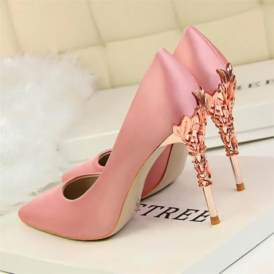 Metal Carved Heel Pumps Solid Silk Pointed Toe Shoes