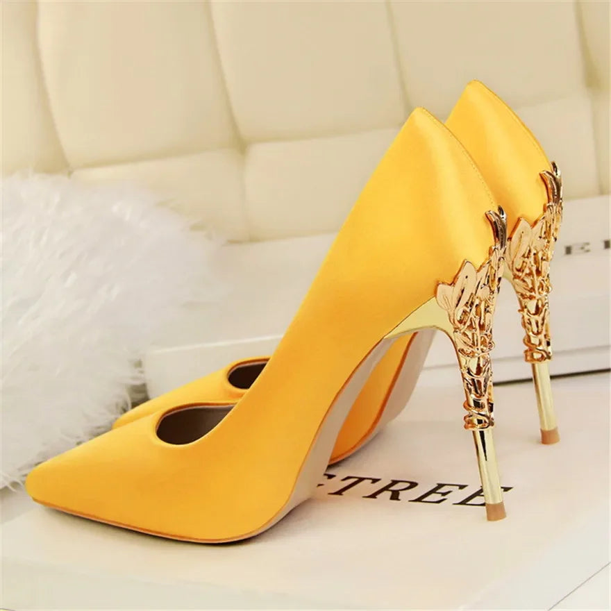 Metal Carved Heel Pumps Solid Silk Pointed Toe Shoes