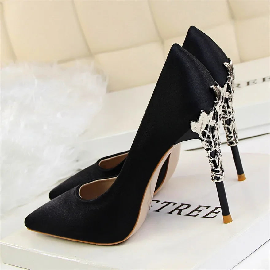 Metal Carved Heel Pumps Solid Silk Pointed Toe Shoes