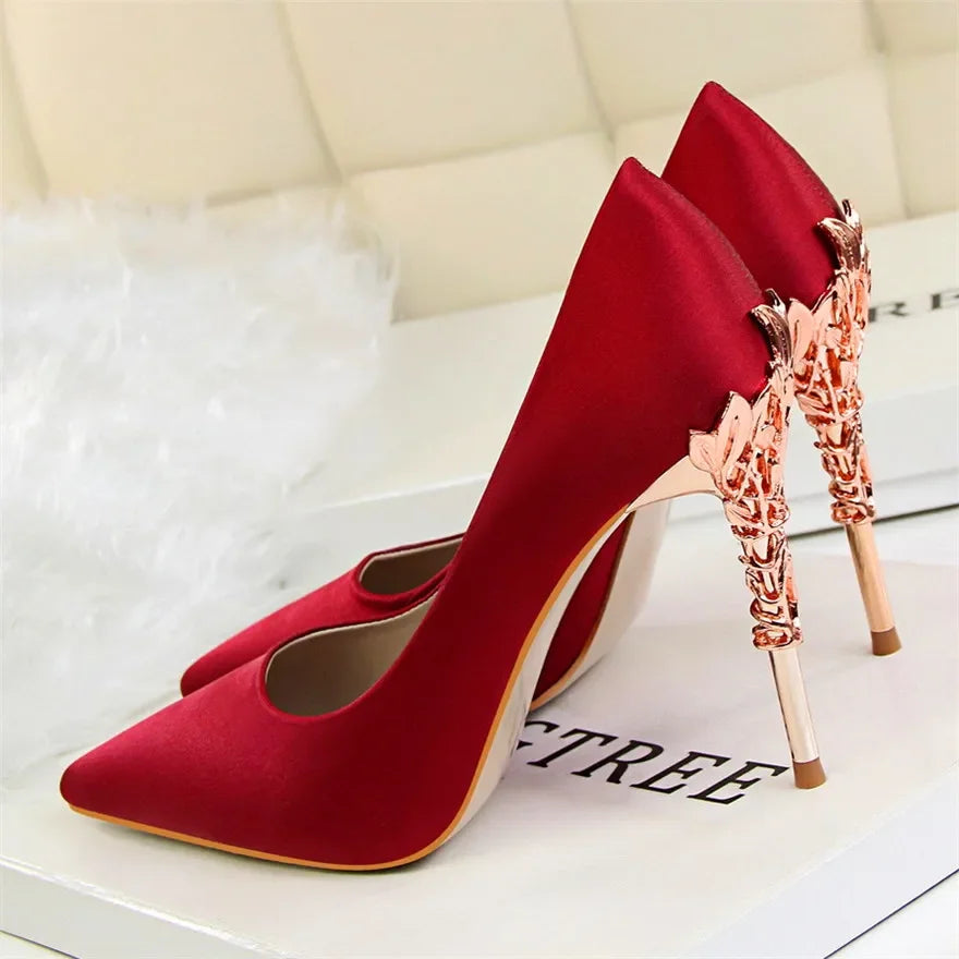Metal Carved Heel Pumps Solid Silk Pointed Toe Shoes