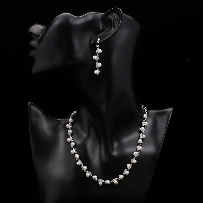 Simulated Pearl Crystal Necklace Jewelry Sets