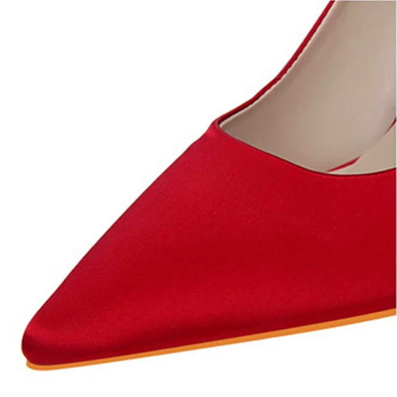 Metal Carved Heel Pumps Solid Silk Pointed Toe Shoes