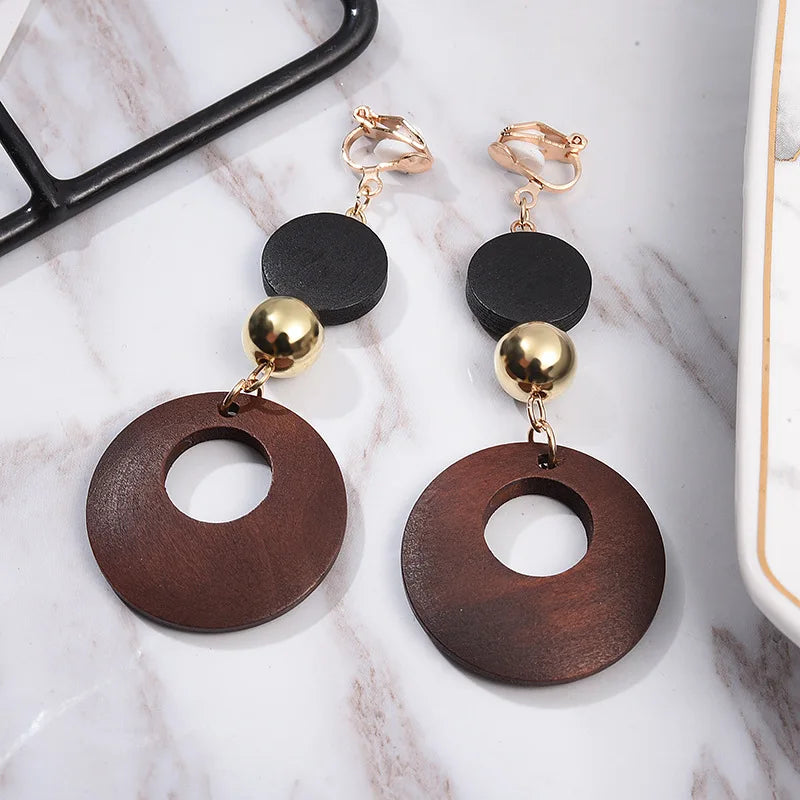 Natural Wood Clip on Geometric Earring
