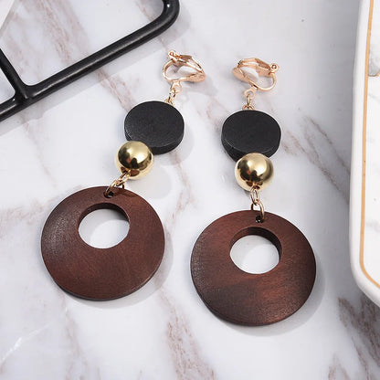 Natural Wood Clip on Geometric Earring