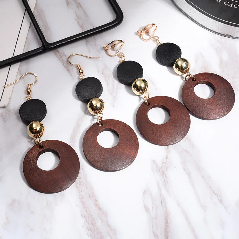 Natural Wood Clip on Geometric Earring